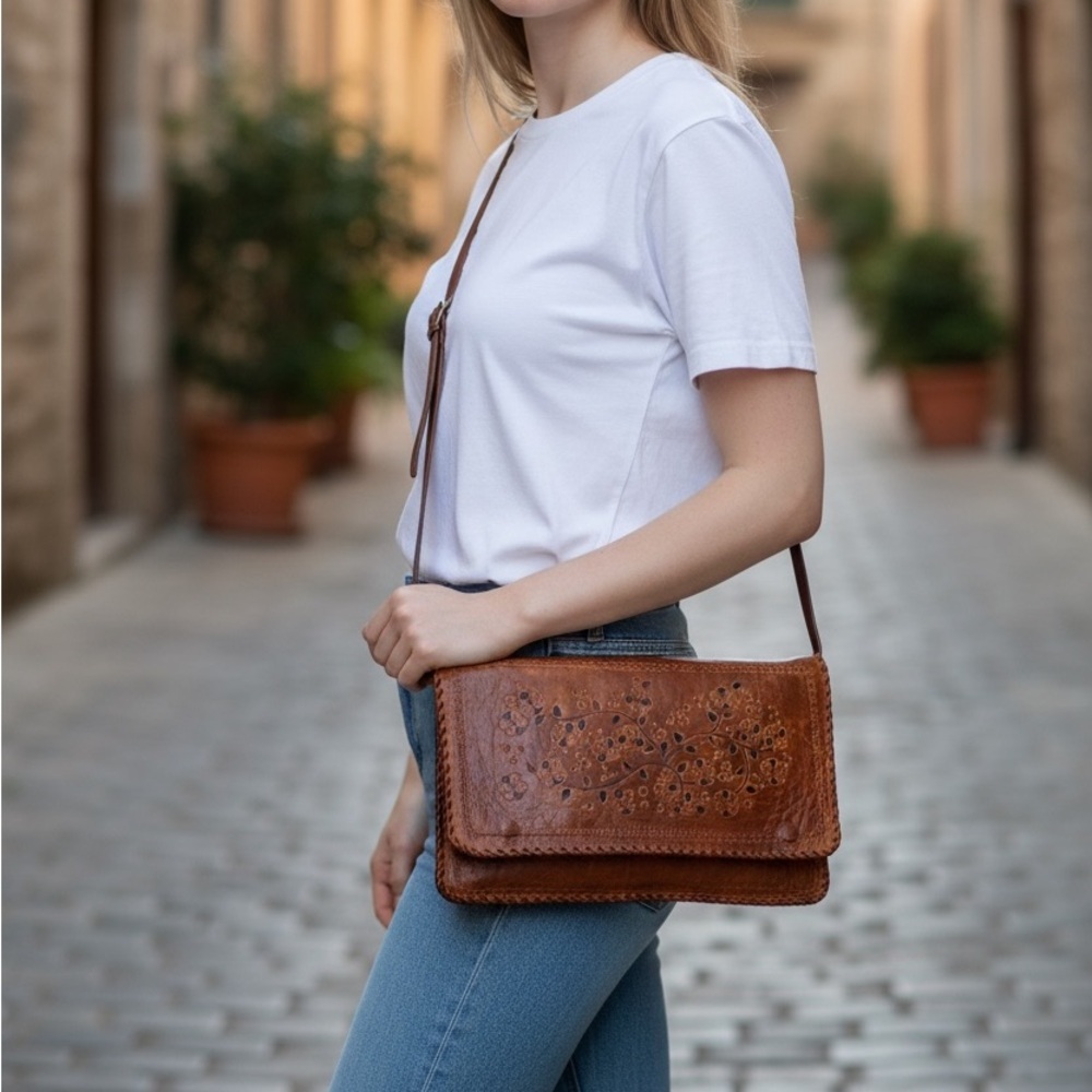 Vintage Floral Embossed Braided Leather Crossbody Envelope Bag Brown Tan